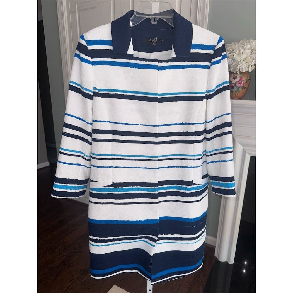 New Alex Marie Designer Striped Trench Coat Blue Long Sleeve Size M Jacket